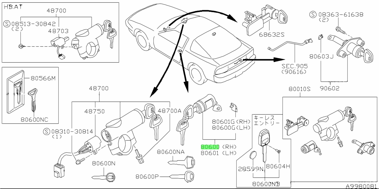 Buy Genuine Nissan 8060051S86 (80600-51S86) Cylinder Set, Door Lock Rh ...