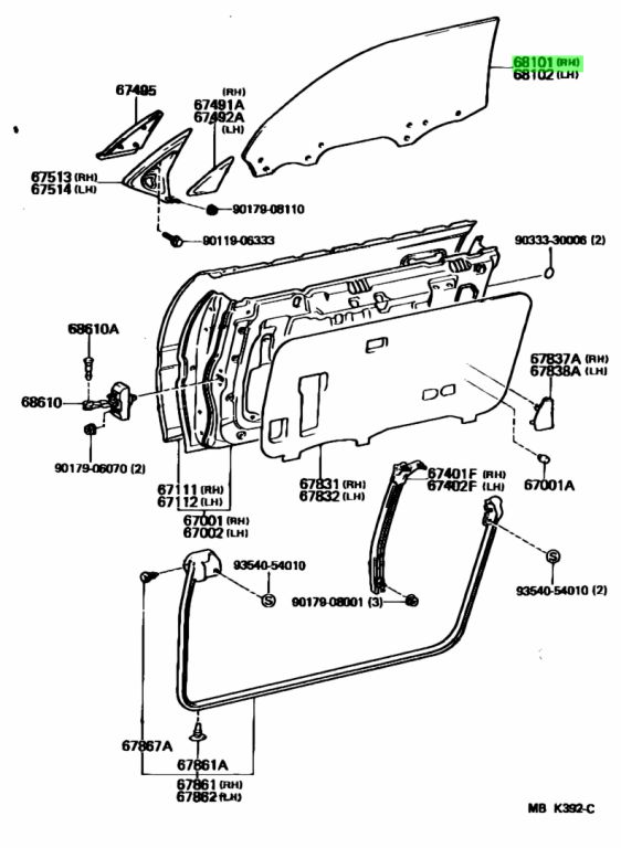 Genuine Toyota 68111-14330 (6811114330) GLASS SUB-ASSY, FRONT DOOR, RH ...