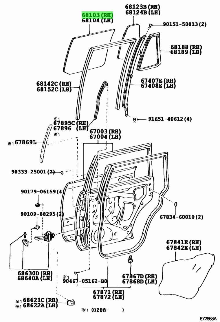 Genuine Toyota 68113-60270 (6811360270) GLASS SUB-ASSY, REAR DOOR, RH ...