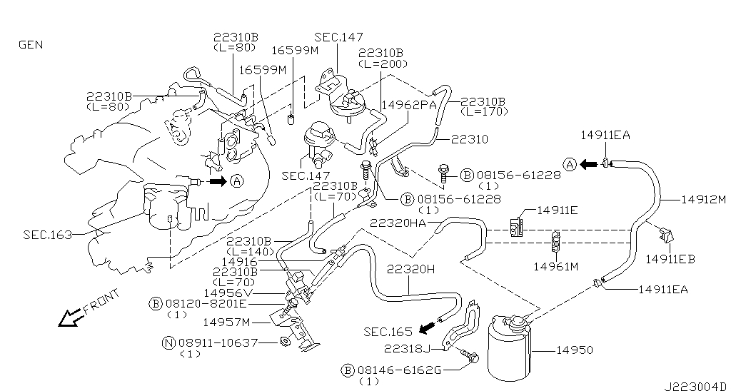 Vacuum piping & canister (engine) for Nissan Pathfinder R50, 2 ...