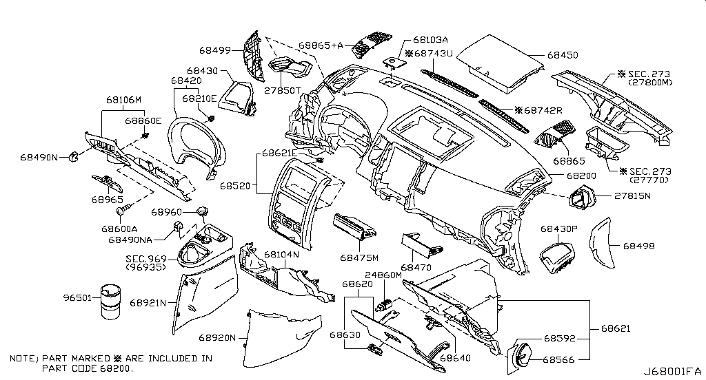 Instrument panel, pad & cluster lid (trim) for Nissan X-Trail T31, 2 ...